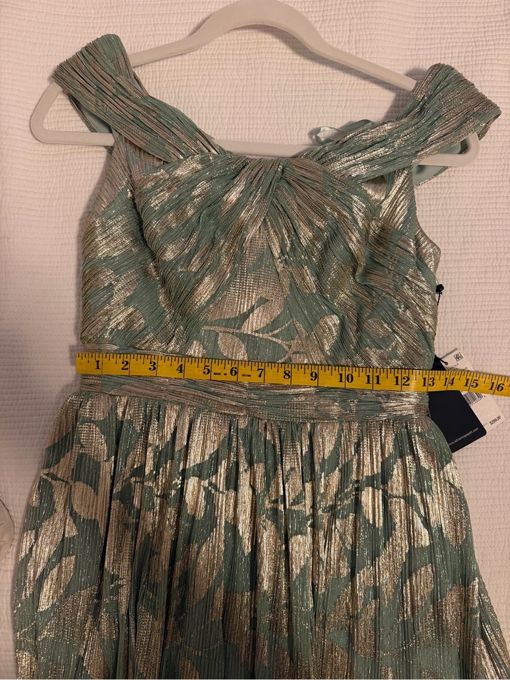 Adrianna Papell Leaf Print Off-The-Shoulder Foiled Knit A-Line Gown Dress - Picture 9 of 12